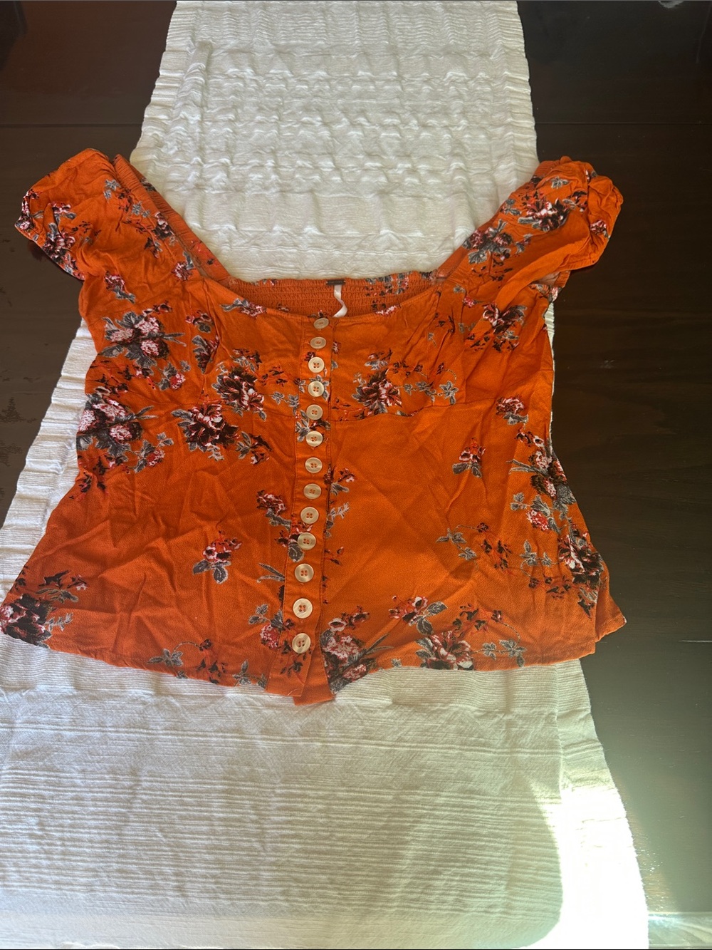 Free People Bright Orange Floral Button-Up Puff Sleeve Top